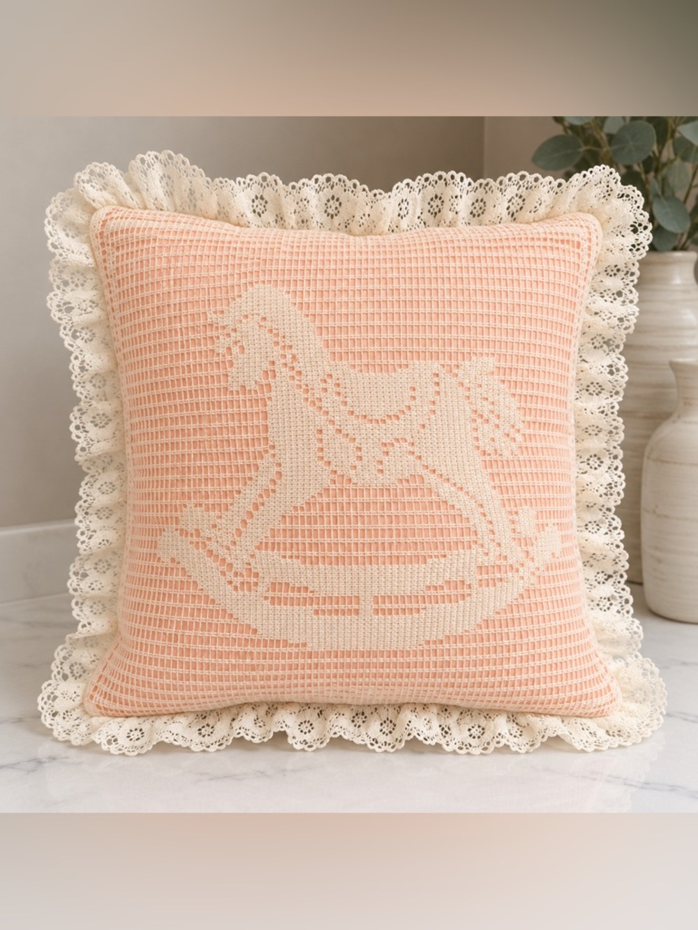 Vintage Peach Rocking Horse Lace Throw Pillow